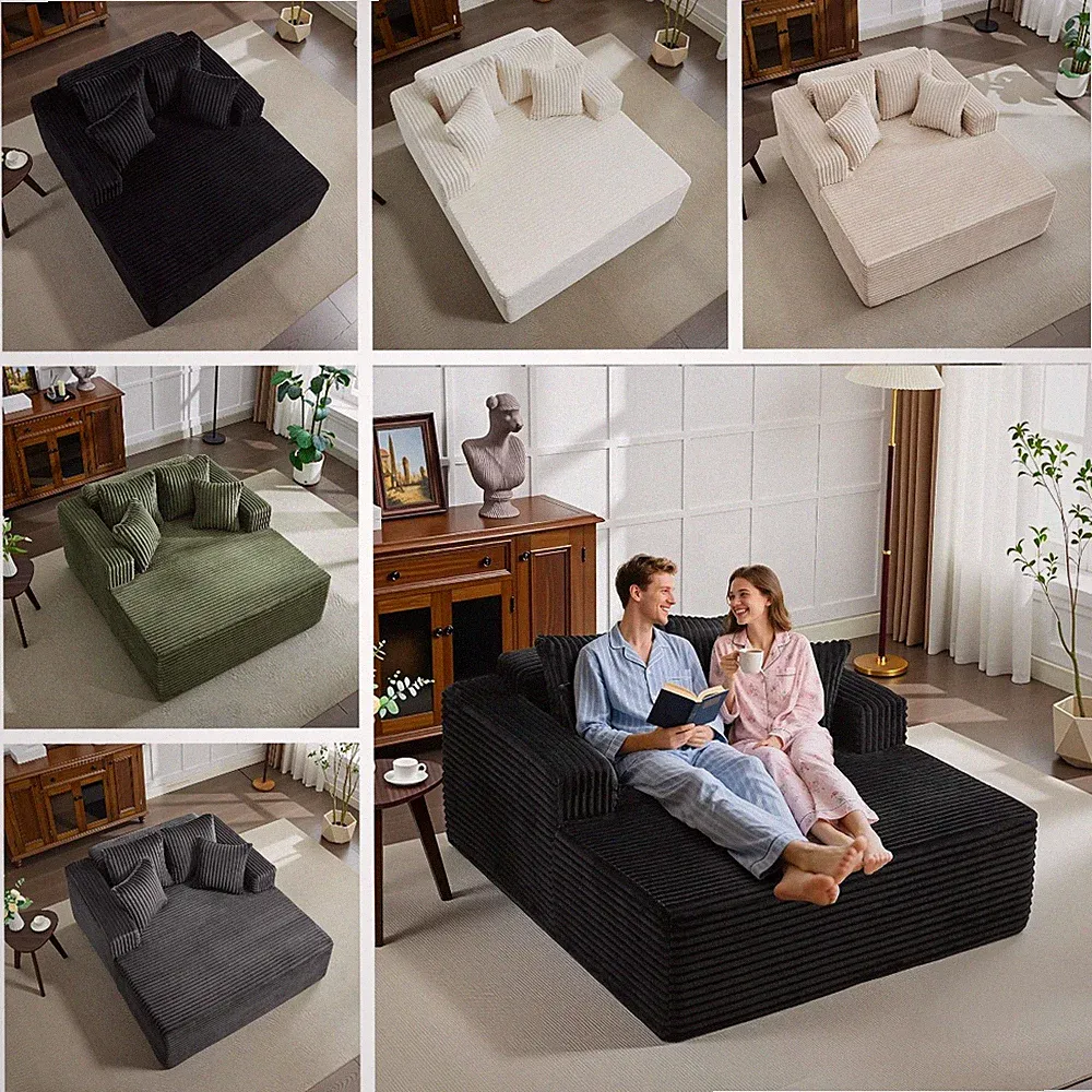 54x61" Oversized Chaise Lounge Sofa Bed, Corduroy Sleeper w/ Pillows No Assembly
