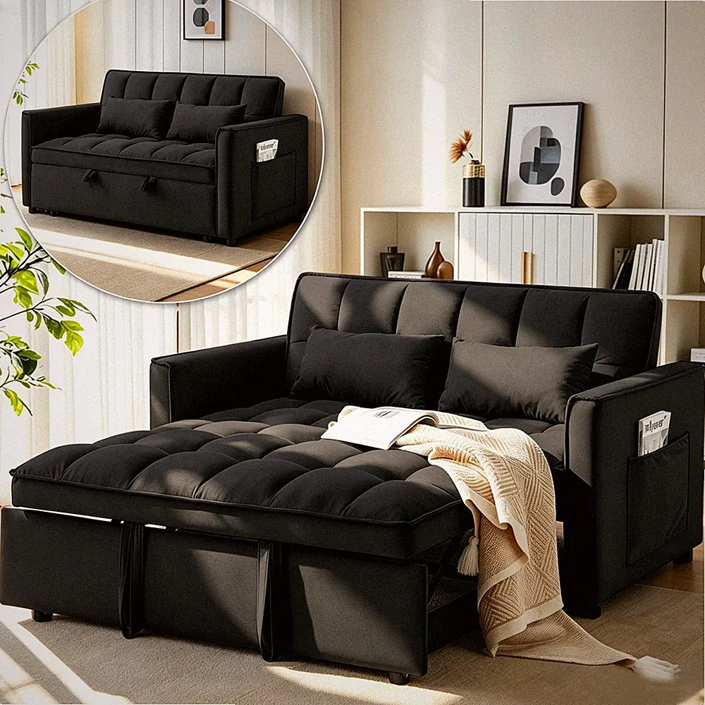 55" 3 in 1 Convertible Sleeper Sofa Bed Pull Out Loveseat for Small Spaces Black