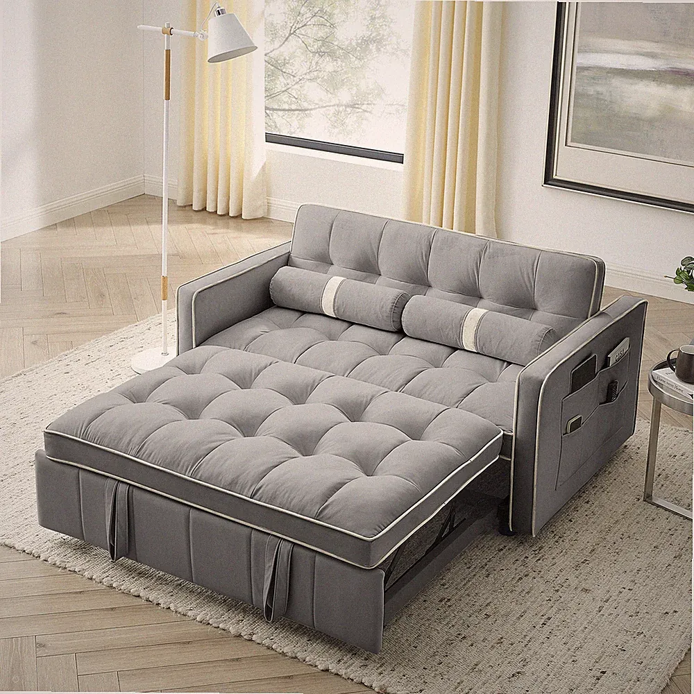 55.5" Pull Out Sleep Sofa Bed 2 Seater Loveseats Sofa Couch w/ Side Pockets
