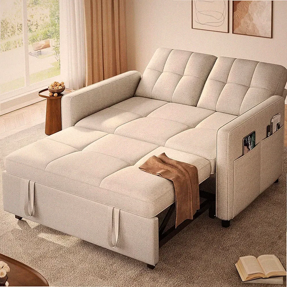 55" Convertible Sofa Bed, 3-in-1 Sleeper Futon Couch, Light Beige Modern Lovesea