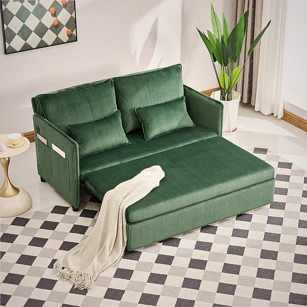 55"Convertible Sofa Bed,Pull Out Bed,3-in-1 Sofa w/Side Pocket& USB Ports,Moder