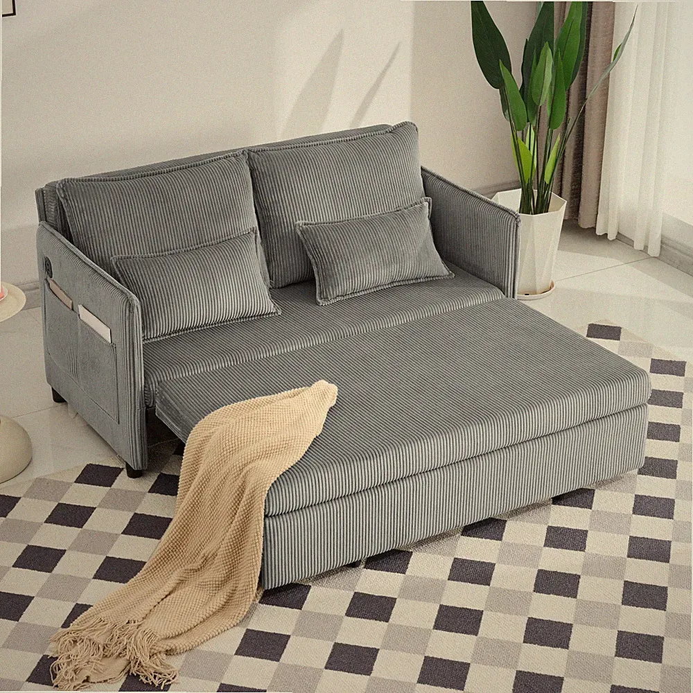 55"Convertible Sofa Bed,Pull Out Bed,3-in-1 Sofa w/Side Pocket& USB Ports,Modern