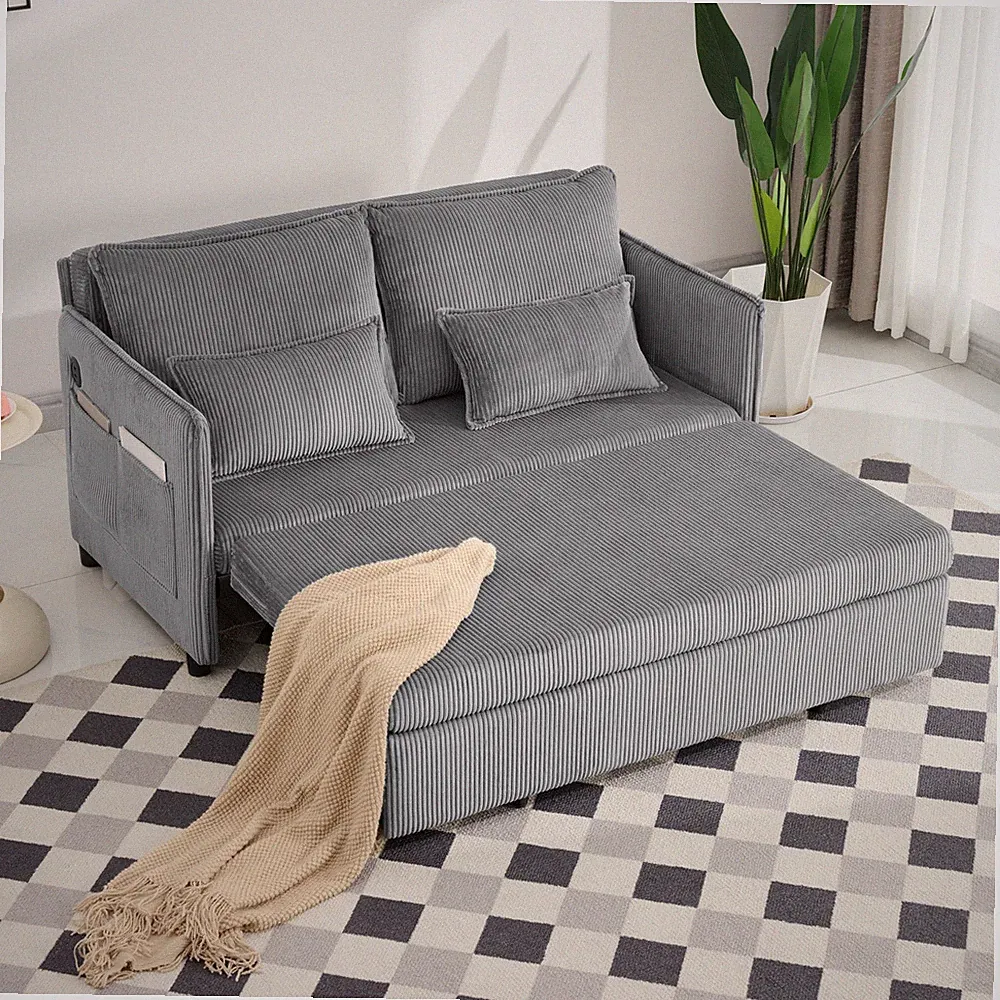 55"Convertible Sofa Bed,Pull Out Bed,3-in-1 Sofa with Side Pocket& USB Ports,Mo