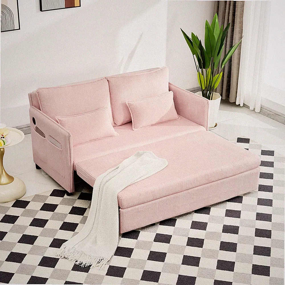 55"Convertible Sofa Bed,Pull Out Bed,3-in-1 Sofa with Side Pocket& USB Ports,Mod