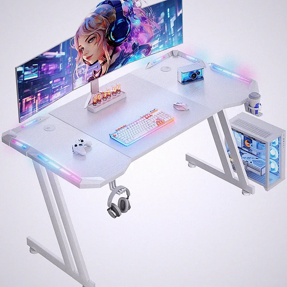 55 '' Gaming Desk with LED Lights, Ergonomic Gaming Table with Cup Holder, White