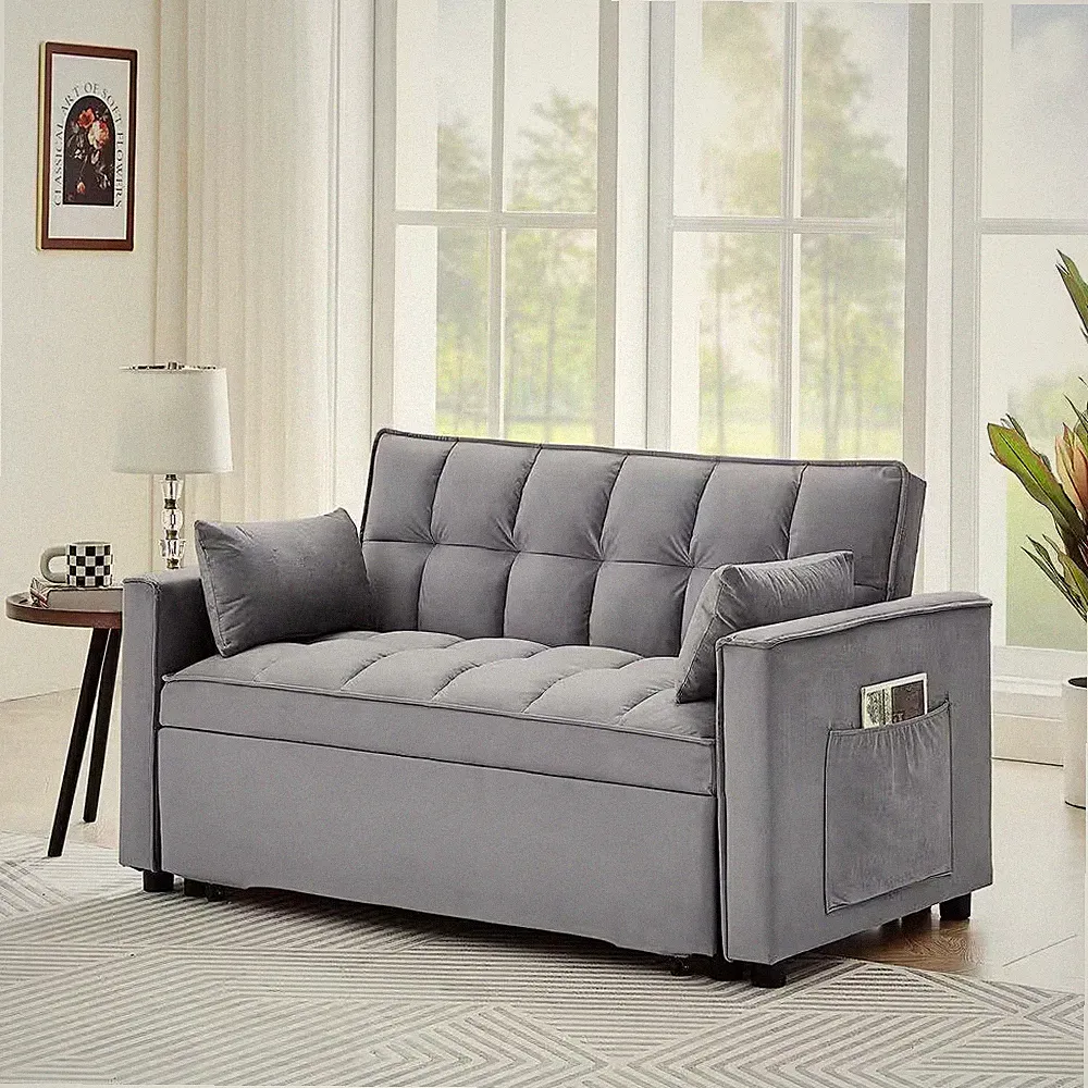 55 In. W, 3-In-1 Convertible Velvet Sleeper Sofa Bed with 2-Pillows, Dark Gray