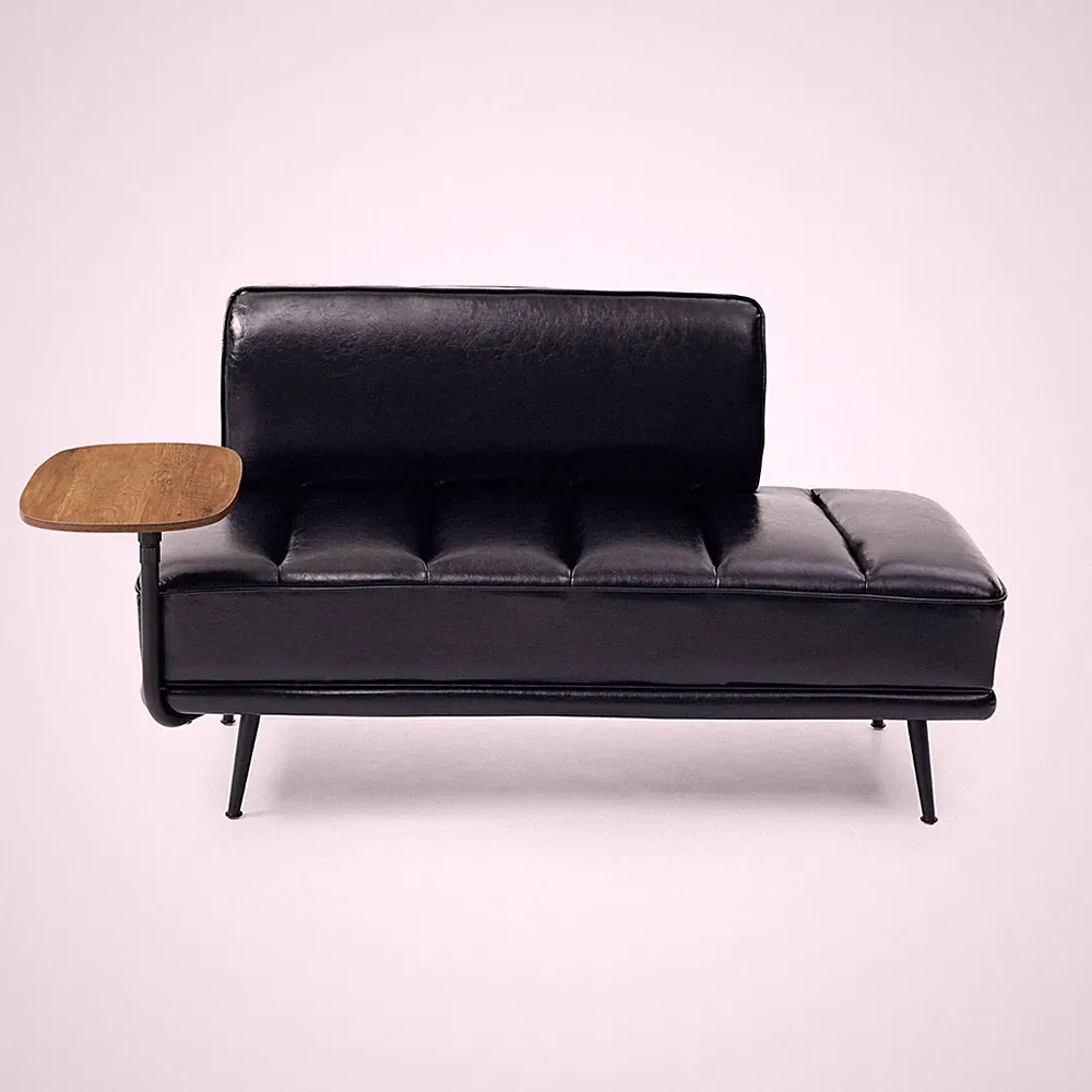 55-inch, black synthetic leather cushioned, with edge table, sofa.