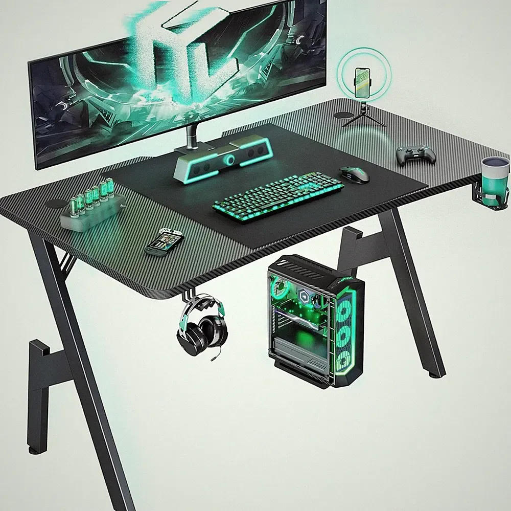 55 inch Gaming Desk with Cup Holder & Mouse Pad, Computer Desk, Gaming Table