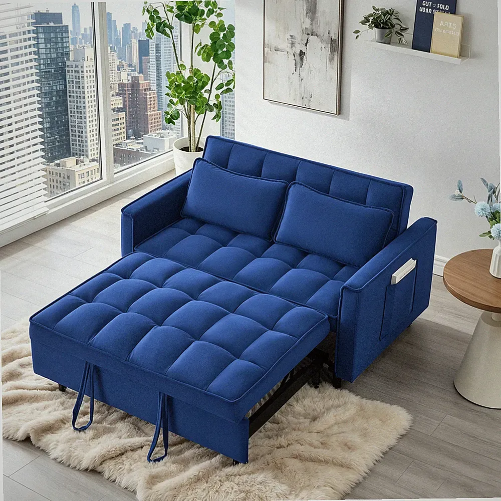 55" Modern Retro Velvet Futon Sofa Bed Blue Loveseat Folding Storage Living Room