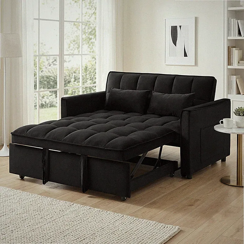 55" Modern Velvet Sleeper Sofa Black 3-in-1 Pull-Out Loveseat Storage Apartment