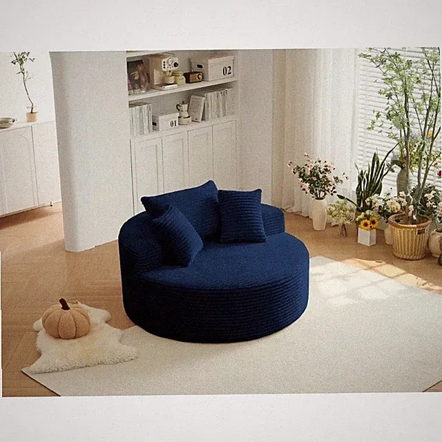 55'' Oversized Round Chaise Lounge Chair Boneless Corduroy Sofa Blue-chenille