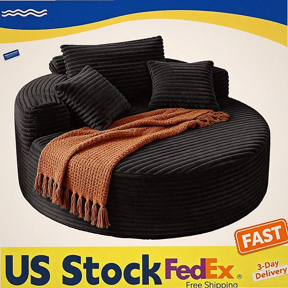 55" Round Corduroy Beanless Lounger, Oversized Sofa Bed for Living Room