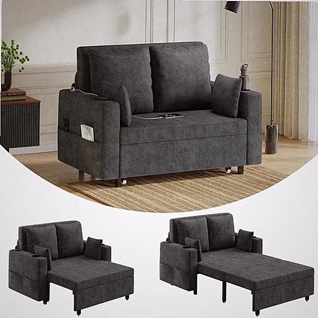 3-in-1 56" Pull-Out Loveseat Sleeper Sofa Bed with USB Charger & Cup Holder