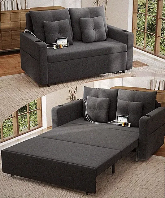 56 Inch Convertible Pull Out Sofa Bed with Cup Holders USB Dark Grey