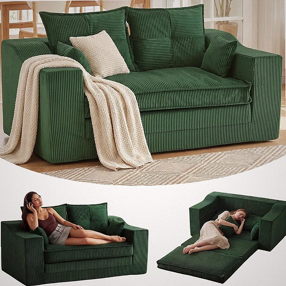 56 Inch Corduroy Green Convertible Tri-Fold Sofa Bed Loveseat With 4 Pillows