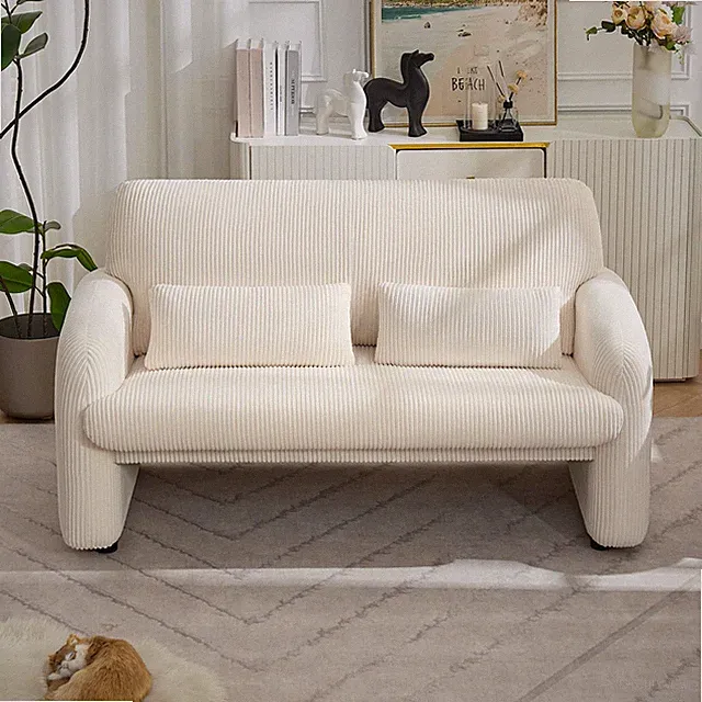 56 inch Corduroy Loveseat Sofa 2 Seater Couch White Lumbar Pillows
