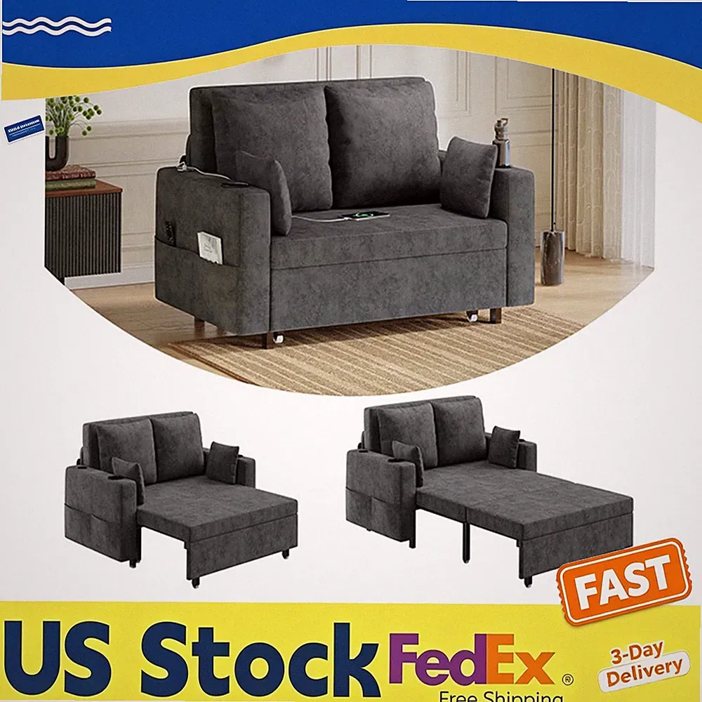 56" Pull-Out Sleeper Sofa, 3-in-1 Loveseat Bed with USB Charging & Cup Holders