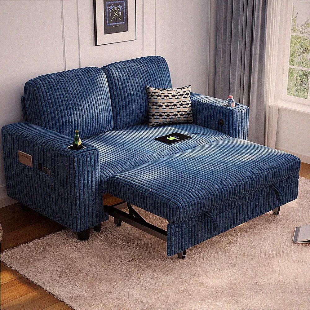 56" Sectional Sleeper Sofa Loveseat Pull Out Bed USB Charging Cup Holder Blue