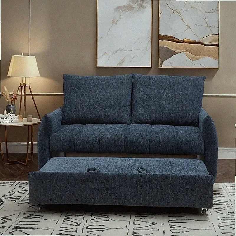 57.48" Big Size Sofa Bed Navy Line Fabric Futon Couch with Adjustable Backrest