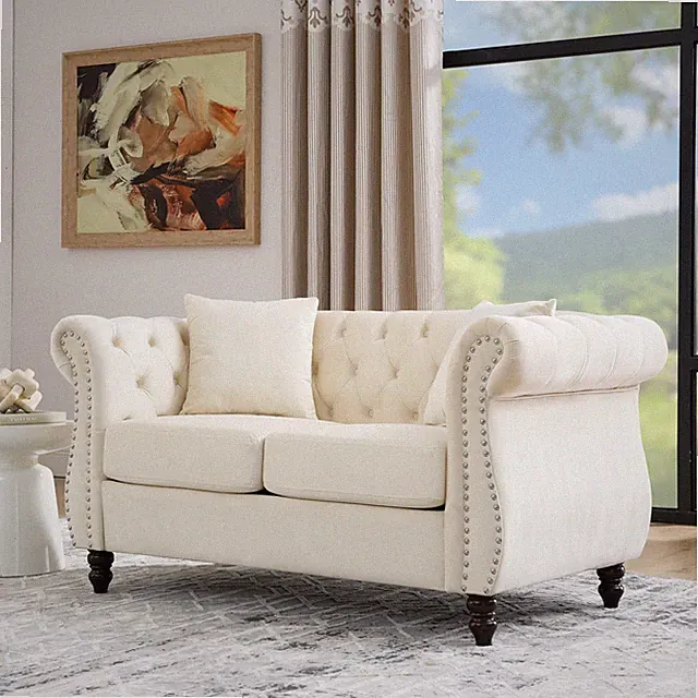 58.8" W Chesterfield Velvet Sofa 2-Seater Loveseat Sofa Couch Rolled Arms Beige