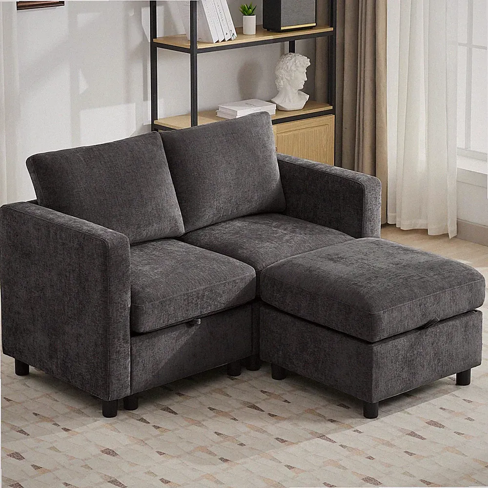 58” Modular L-Shaped Sectional Sofa with Storage and Ottoman Chenille Dark Grey