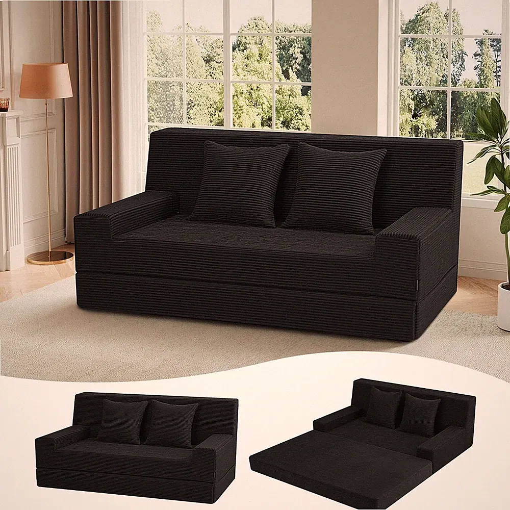 59" Boneless Couch Bed Loveseat Futon Sofa Small Space Striped Black