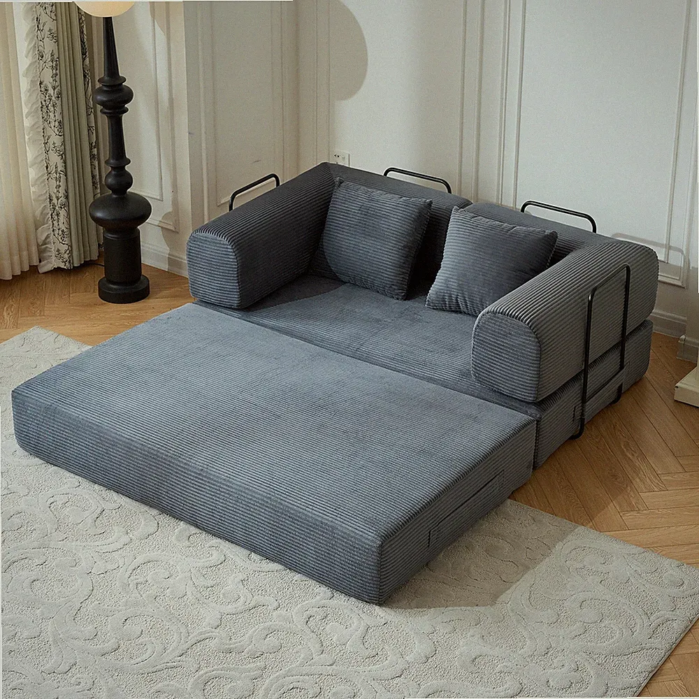 59'' Convertible Sleeper Sofa Bed w/Cylindrical Pillow,Corduroy Folding Mattre