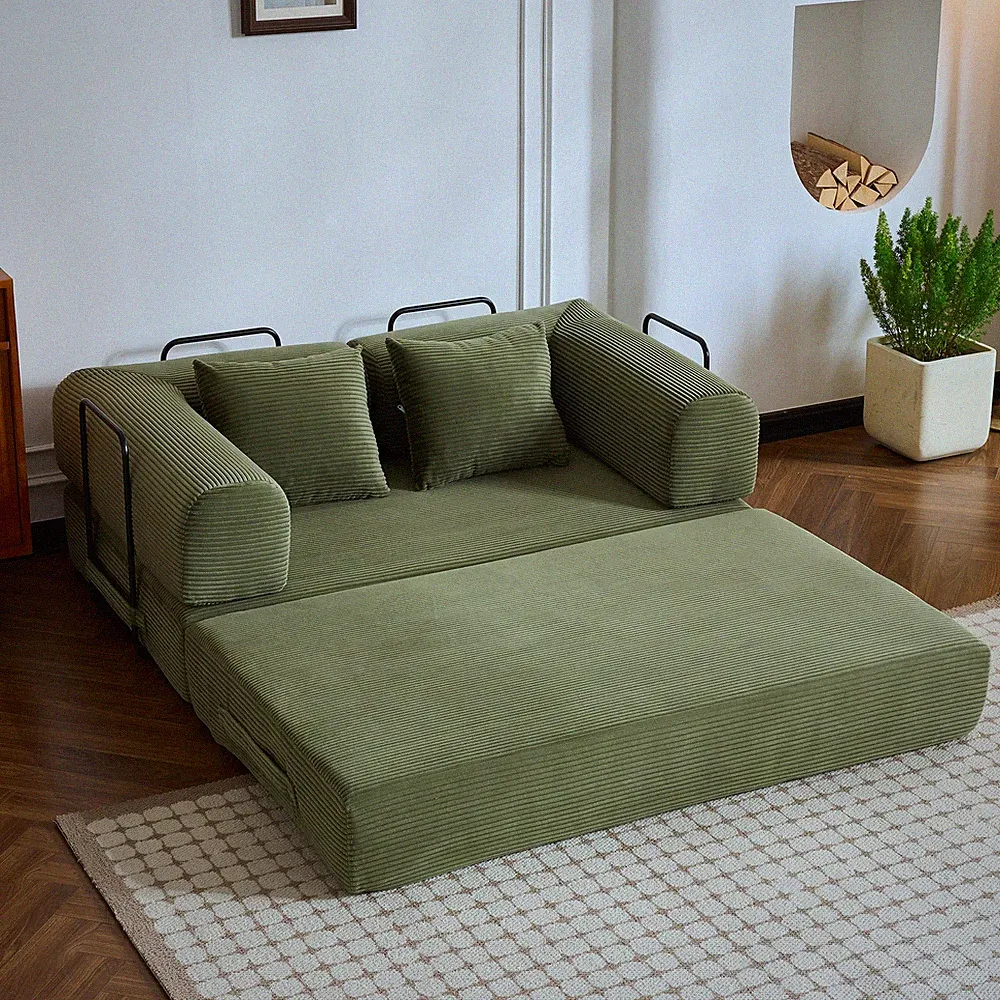 59'' Convertible Sleeper Sofa Bed w/Cylindrical Pillow,Corduroy Folding Mattress