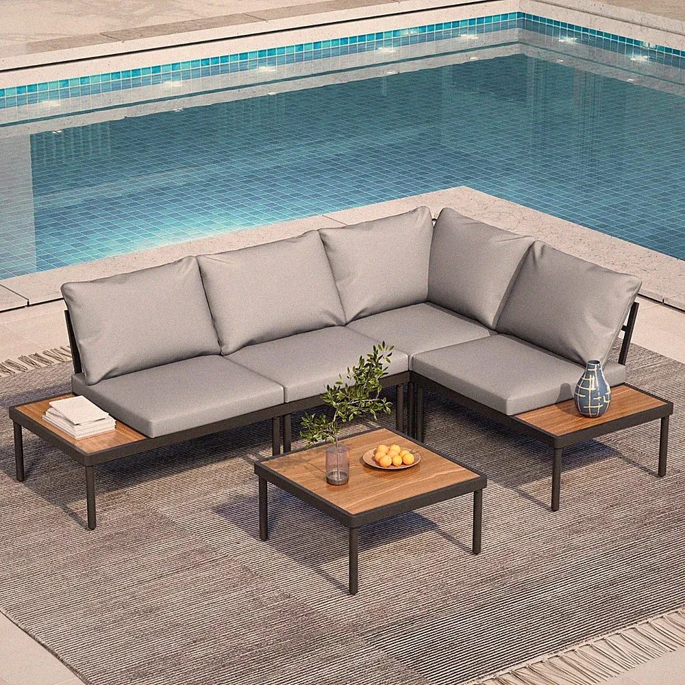 5pc L-Shape PE Rattan Set, Steel Sofa, Cushion Table Patio Garden Pool Balcony