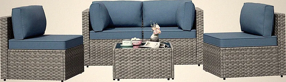 5Pc PE Rattan Sectional Sofa Set w/ Glass Table - Gray/Aegean Blue