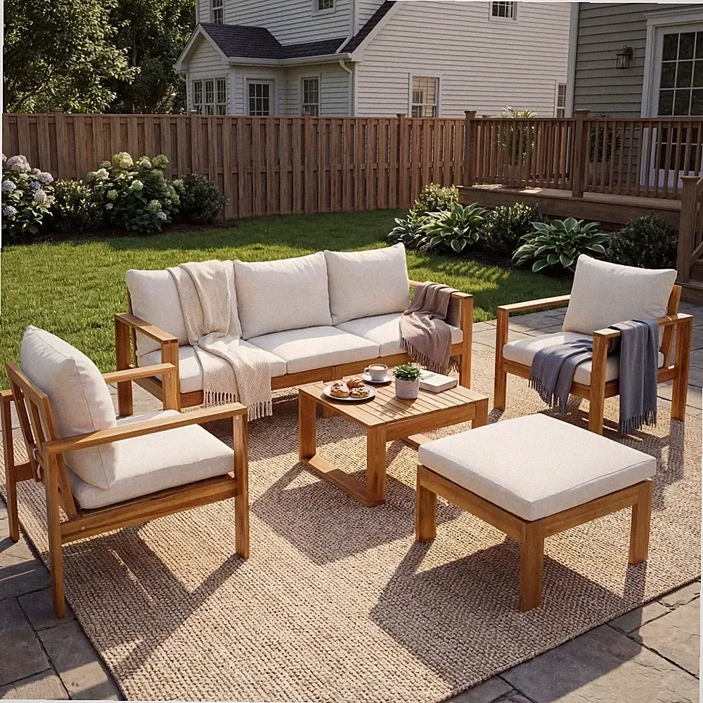 5PCS Acacia Wood Sectional Patio Sofa Set Outdoor Cushions Coffee Table Backyard