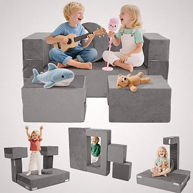 5Pcs Kids Modular Couch Sofa Fold Out Couch Play Set Foam Play Couch Grey
