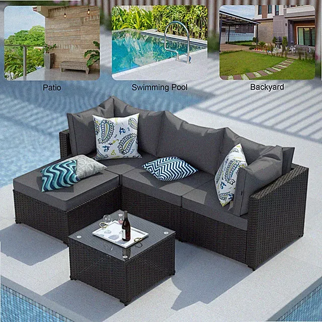 5PCS Outdoor Patio Conversation Sectional Set Wicker Rattan Conversation Set