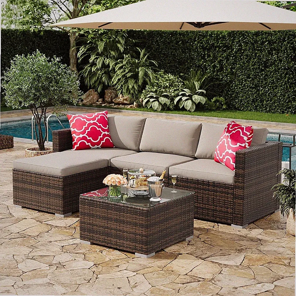 5pcs Outdoor Patio Furniture Sectional Sofa Set PE Rattan l-Shaped Conversation