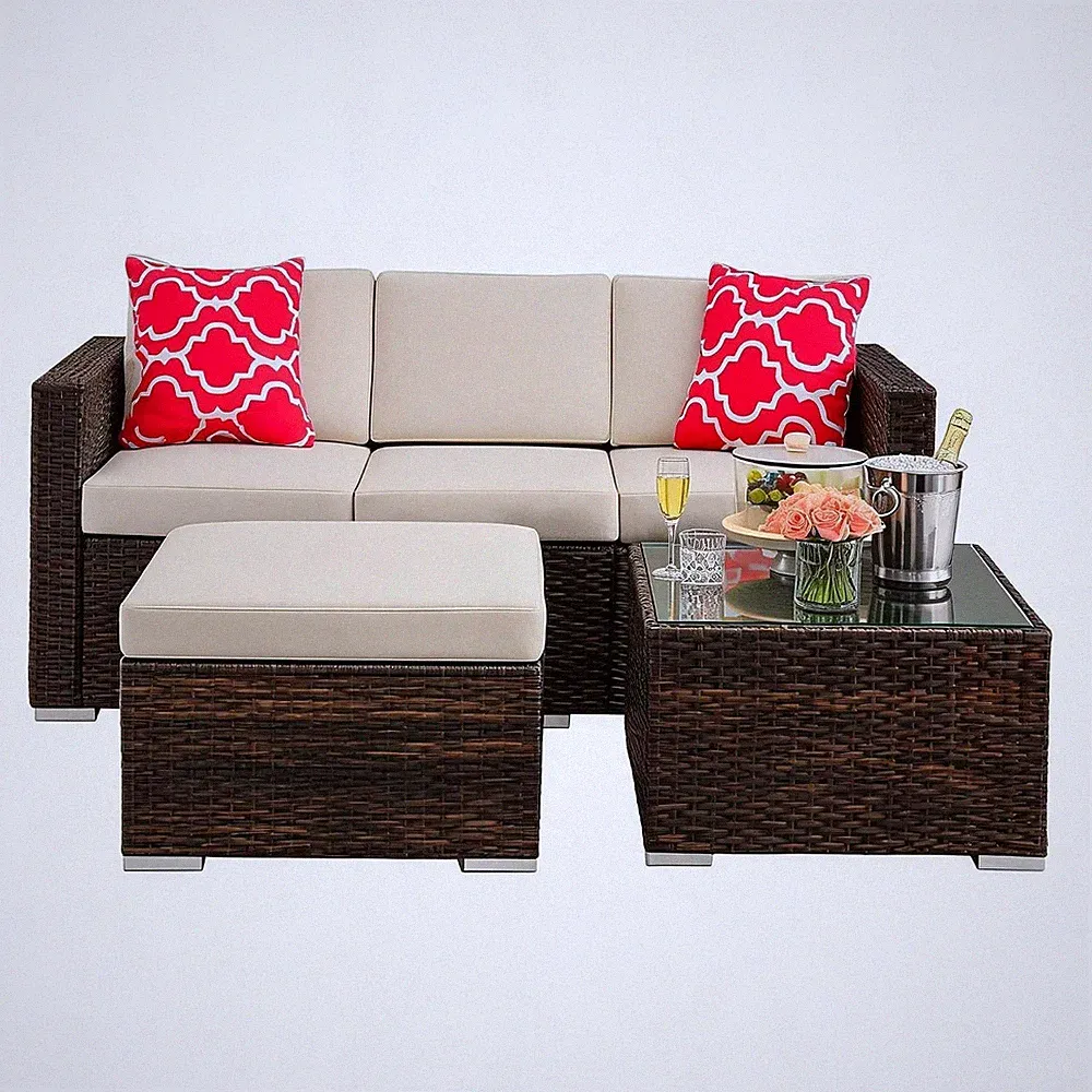 5PCS Outdoor Patio Rattan Furniture Set Beige Cushioned Sofa w/ Coffee Table