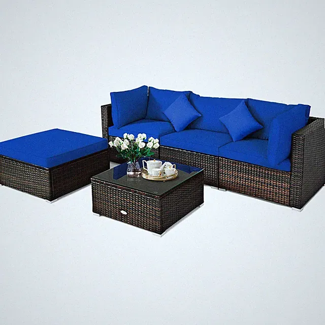 5PCS Outdoor Patio Rattan Furniture Set Sectional Conversation W/Navy Cushions