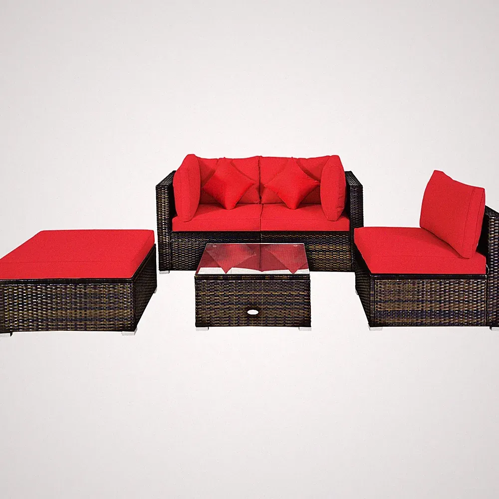 5PCS Outdoor Patio Rattan Furniture Set Sectional Conversation W/Red Cushions
