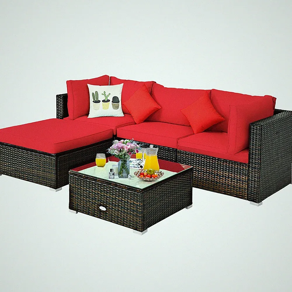 5PCS Outdoor Patio Rattan Furniture Set Sectional Conversation W/Red Cushions