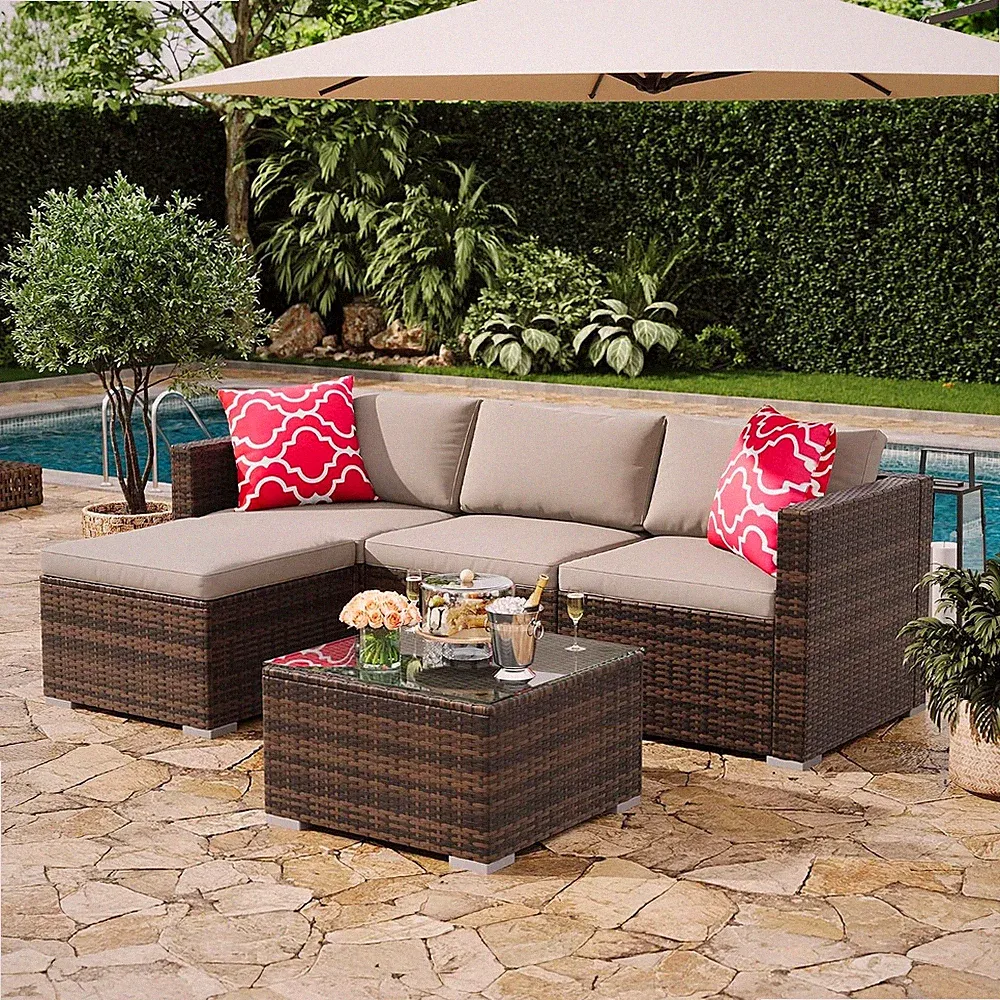5pcs Outdoor Patio Sectional Sofa Set PE Rattan l-Shaped Conversation Furniture