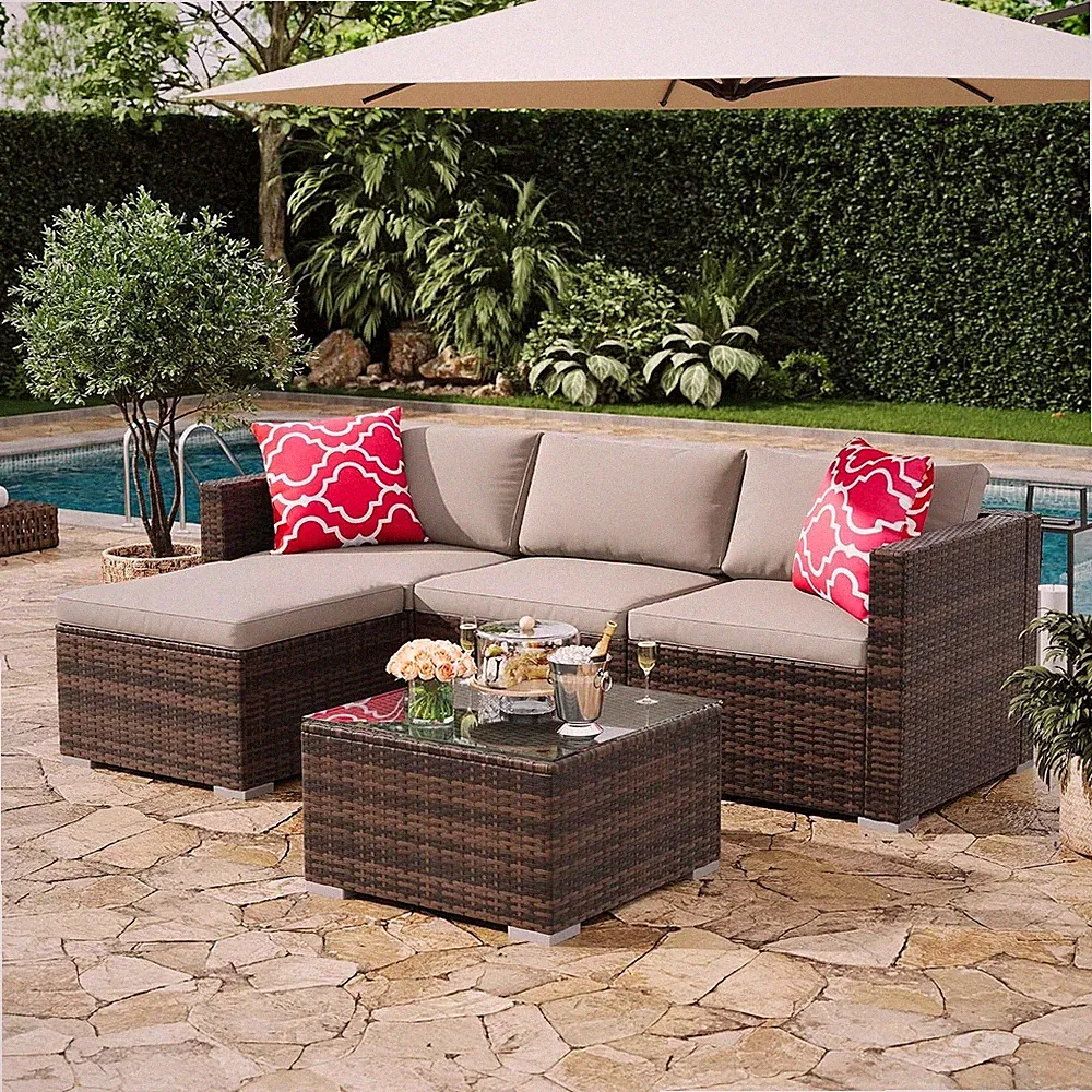 5pcs Outdoor Patio Sectional Sofa Set PE Rattan l-Shaped Conversation Furniture