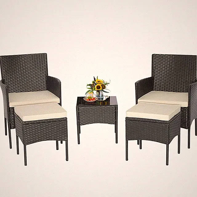 5PCS Outdoor Rattan Wicker Sofa Set Patio Conversation Set w/ 2 Ottomans