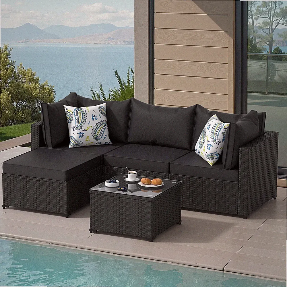 5PCS Patio Furniture Set All Weather Outdoor Sectional Sofa w/ Cushion PE Rattan