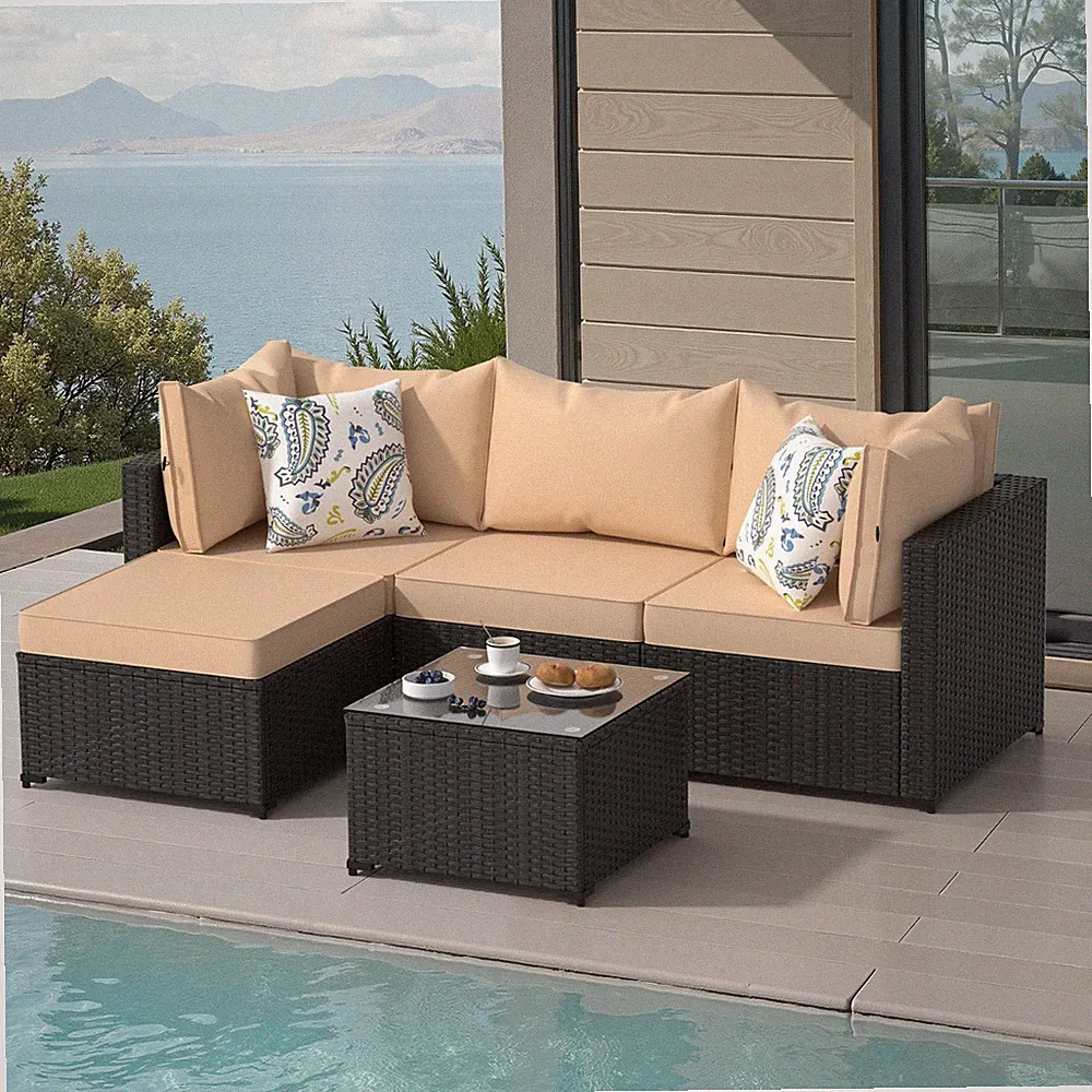 5PCS Patio Furniture Set All Weather Outdoor Sectional Sofa w/ Cushion PE Rattan