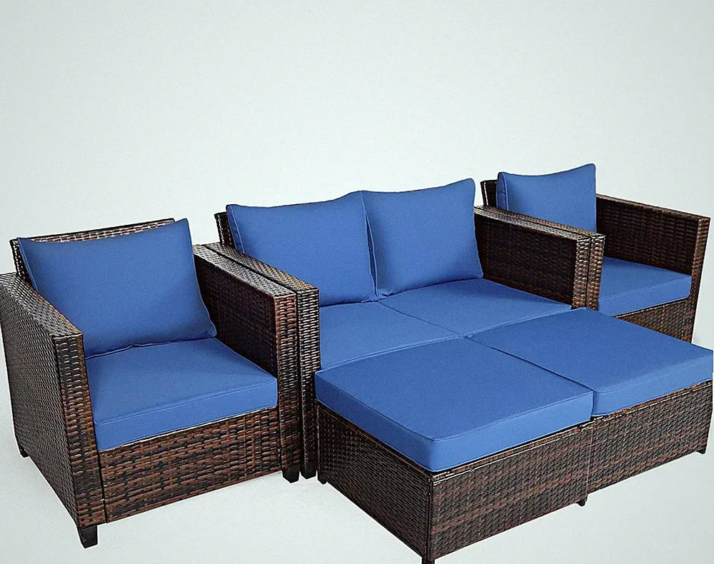 5PCS Patio Rattan Furniture Set, Loveseat Sofa with Cushioned Chairs and Ottoman