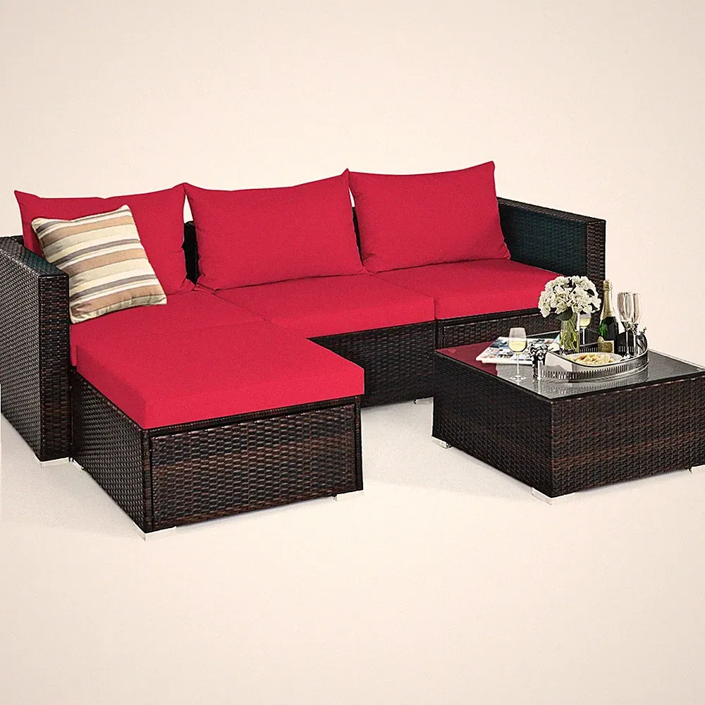 5PCS Patio Rattan Furniture Set Sectional Conversation Sofa w/ Coffee Table Red