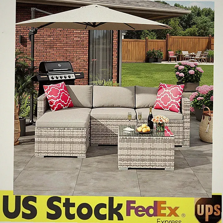 5Piece Outdoor Rattan Sectional Patio Furniture L Shaped Conversation Set W/Tabl