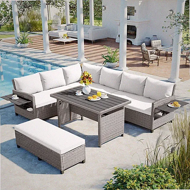 5Pieces Outdoor Patio Furniture Rattan Conversation Set L-Shaped Sofa Sets White