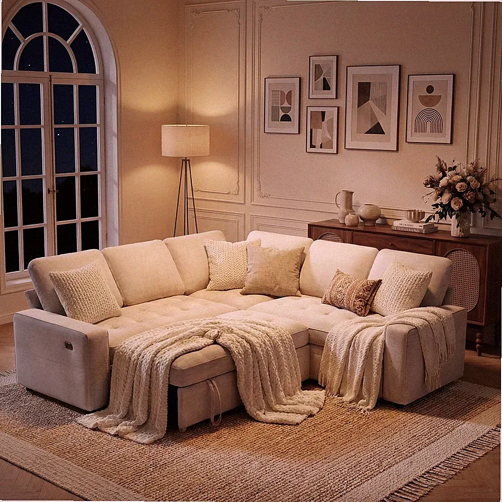 5Seat L-Shaped Corduroy Sectional Sleeper Sofa Couch with Large Storage Capacity
