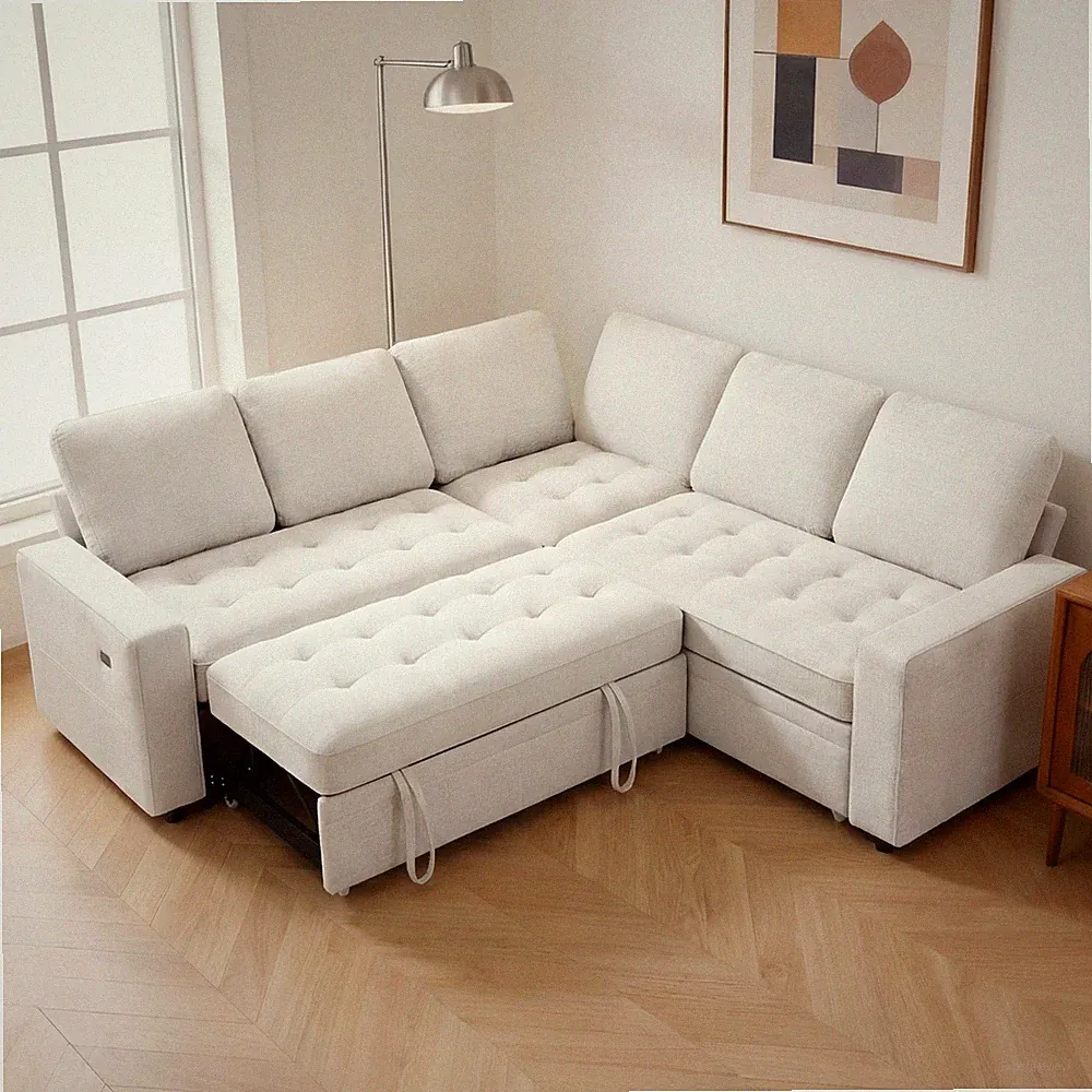 5Seat L-Shaped Corduroy Sectional Sleeper Sofa Couch with Large Storage Capacity