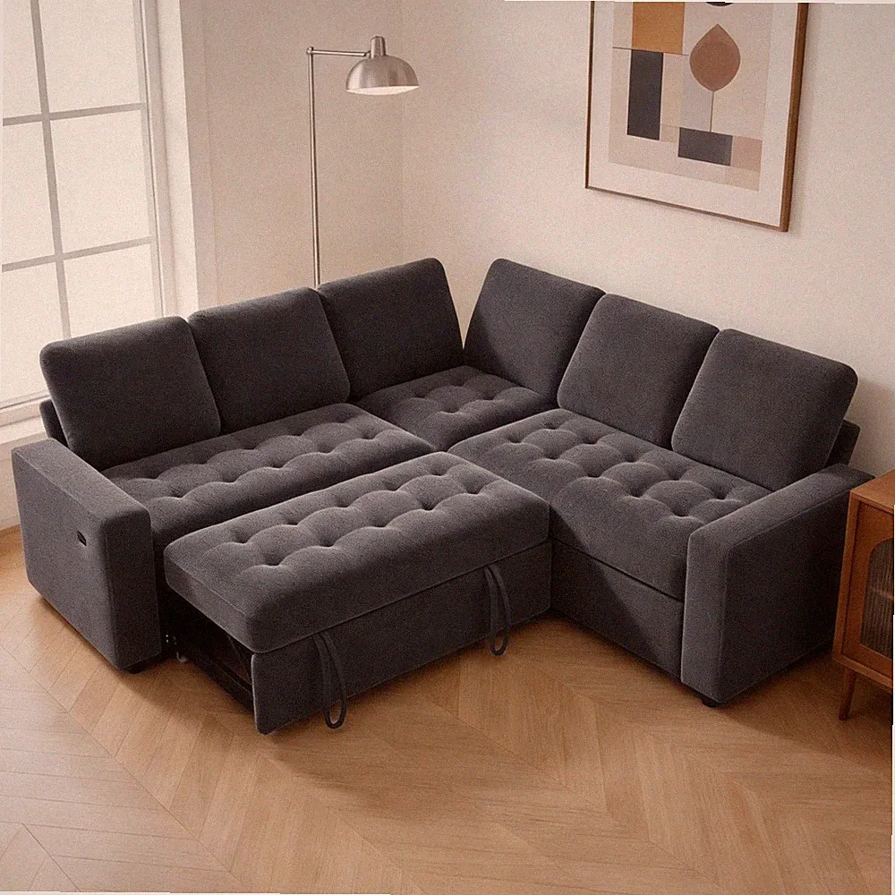 5Seat L-Shaped Corduroy Sectional Sleeper Sofa Couch with Large Storage Capacity